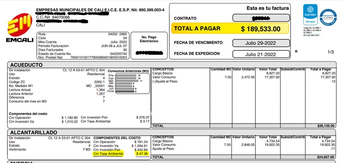 Factura de servicios públicos emitida por EMCALI EICE ESP